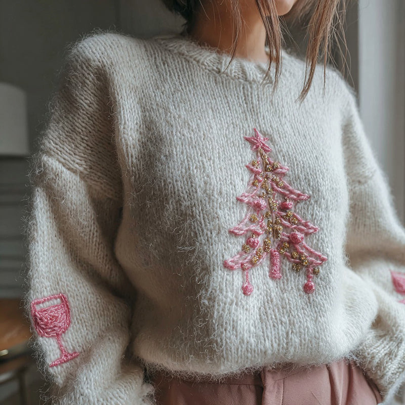 Women's Pink Christmas Tree And Wine Glass Embroidered Knitted Sweater artswardrobe