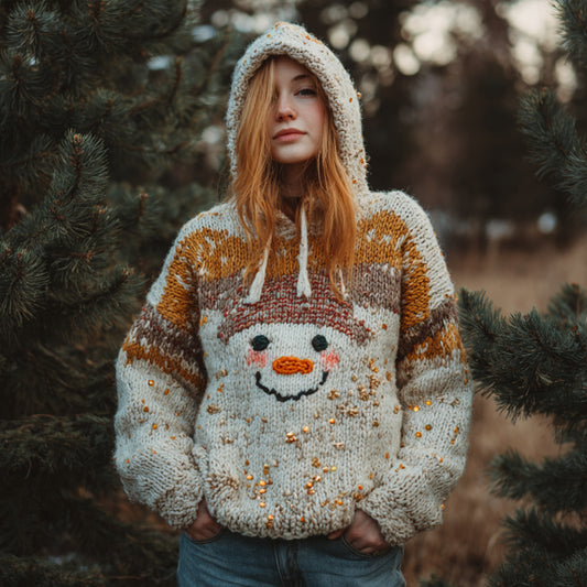 Women's Christmas 3d Embroidered Hat Wearing Snowman Hooded Sweater artswardrobe