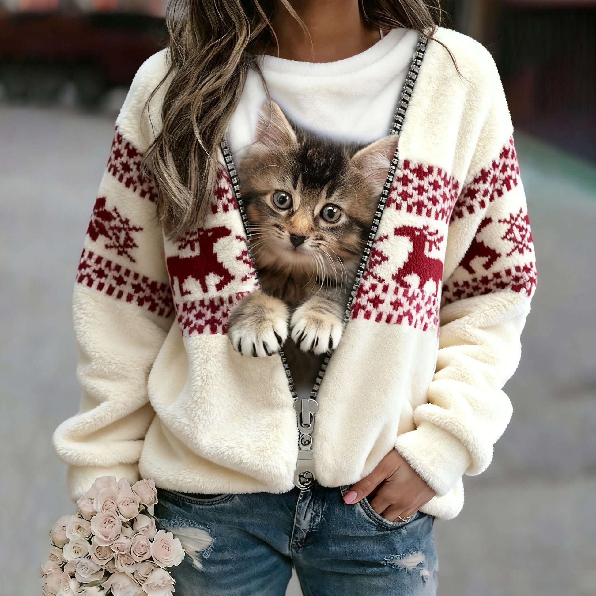 Comstylish Lovely Cat Creative Graphic Flannel Christmas Sweatshirt