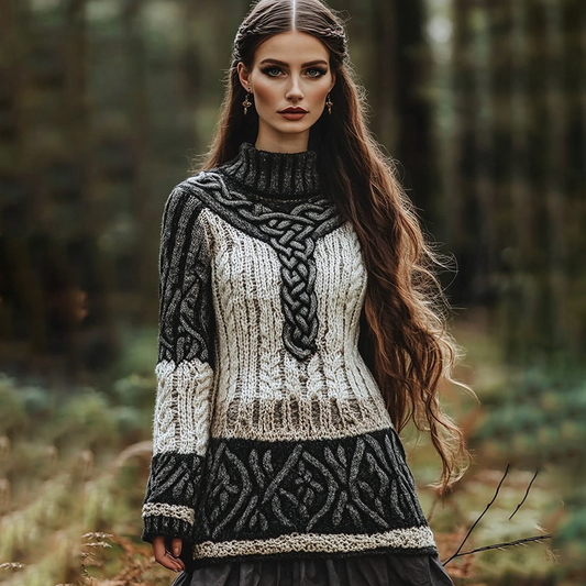 Vintage Viking Celtic Contrast Cozy Chunky High Neck Cozy Sweater elevenforest