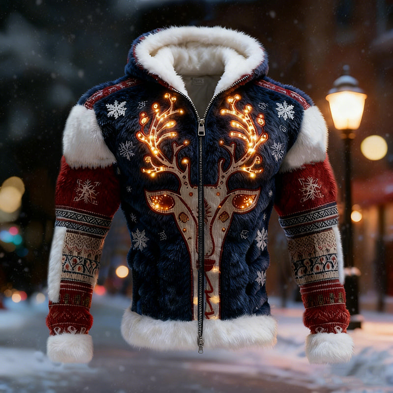 Comstylish Men's Christmas Reindeer Color Block Zipper Ugly Hooded Sweater