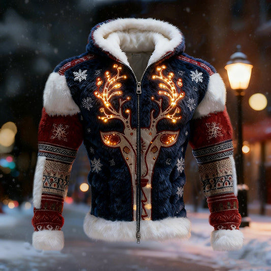 Comstylish Men's Christmas Reindeer Color Block Zipper Ugly Hooded Sweater