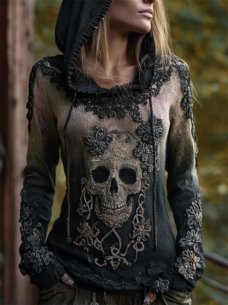 Vintage Skull Floral Gradient Comfy Knit Hooded Sweater artswardrobe
