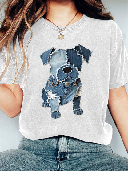 Women's Casual Funny Denim Dog Print T-shirt artswardrobe