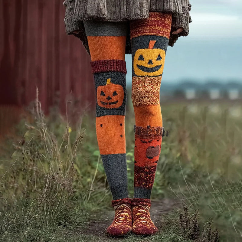 Women's Halloween Pumpkin Face Patchwork Art Leggings artswardrobe