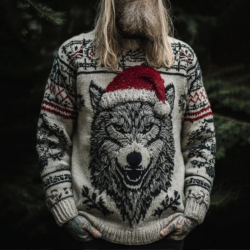Comstylish Men's Viking Christmas Wolf Pattern Cozy Knit Sweater