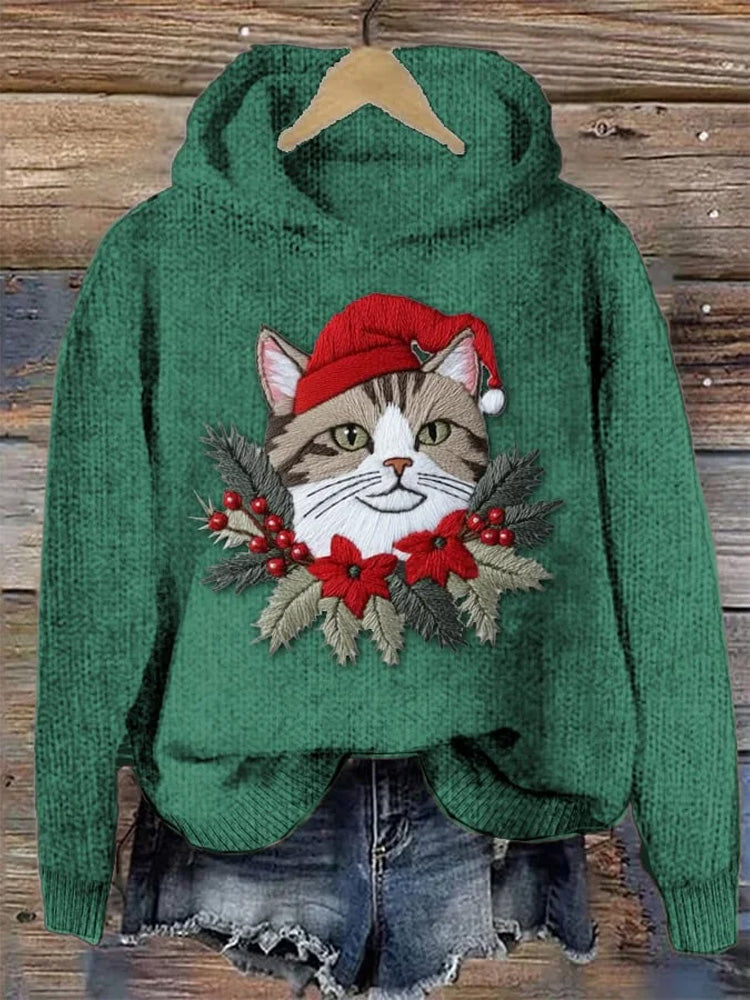 Women's Christmas Cute Pet Cat Printed Hoodie elevenforest