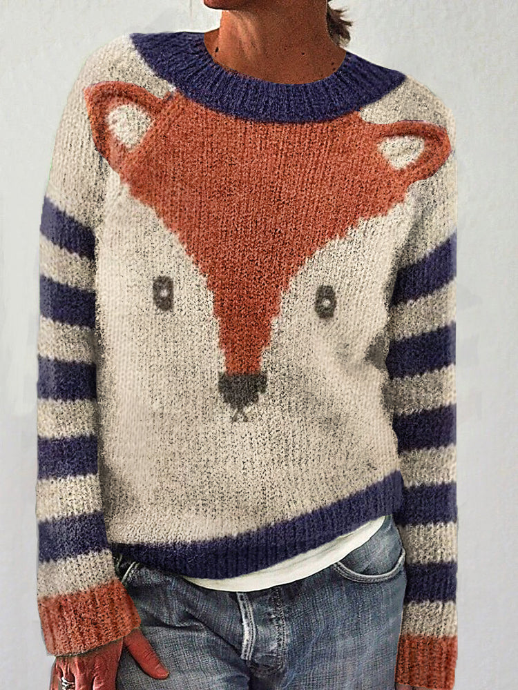 Funny Fox Face Contrast Color Soft Cozy Knit Sweater artswardrobe