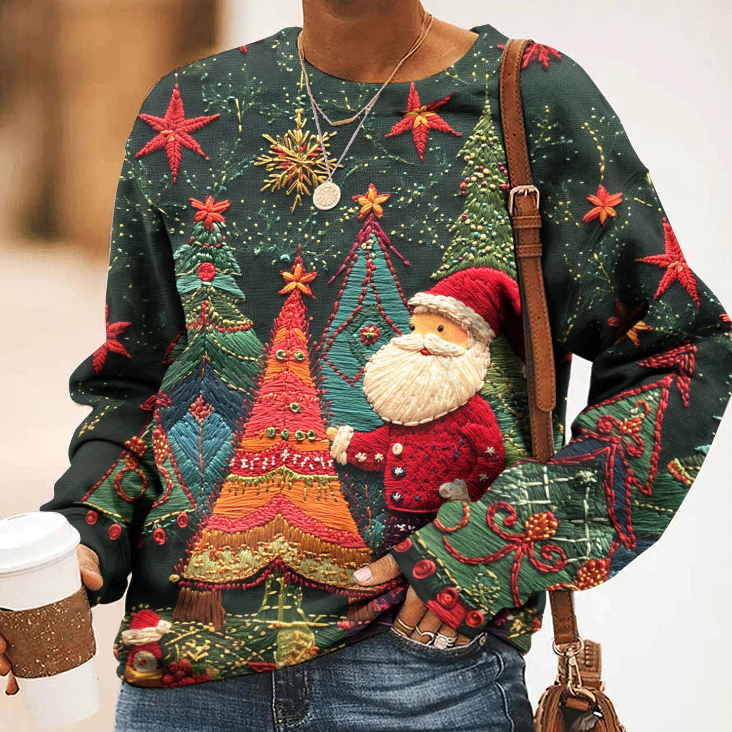 Comstylish Women's Colorful Christmas Tree & Santa Claus Embroidery Casual Sweatshirt