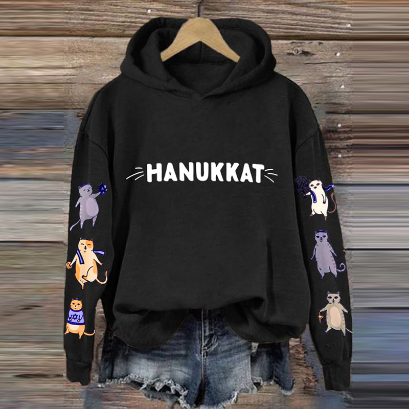 Women's Hanukkah Cat Print Casual Hoodie elevenforest