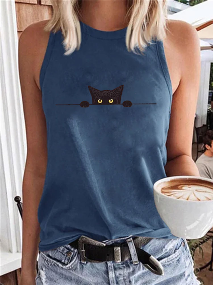 Comstylish Women's Casual Funny Black Cat Print Vest