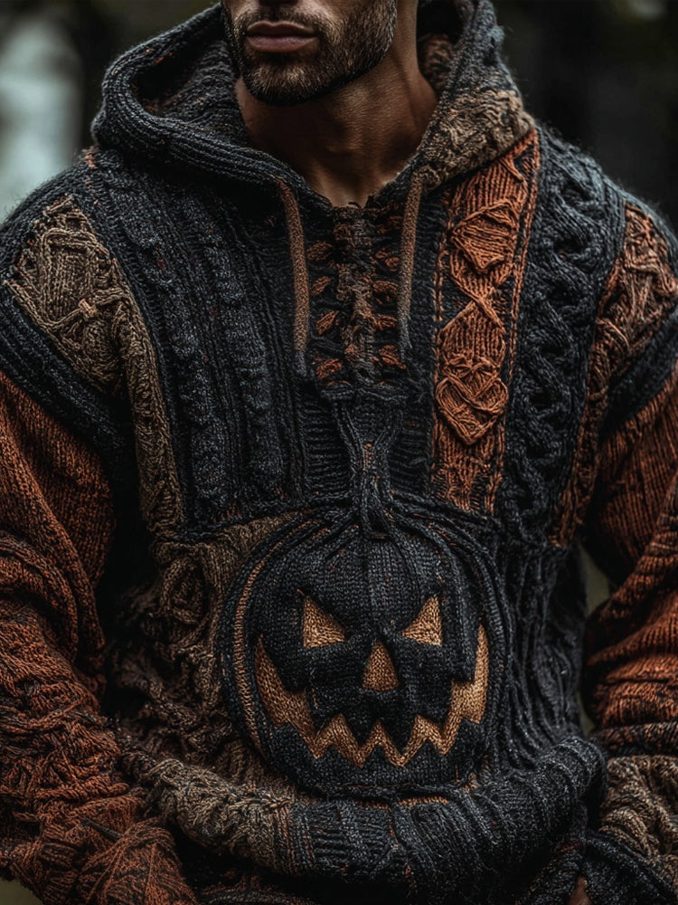 Men's Halloween Pumpkin Patchwork Chunky Hooded Sweater artswardrobe