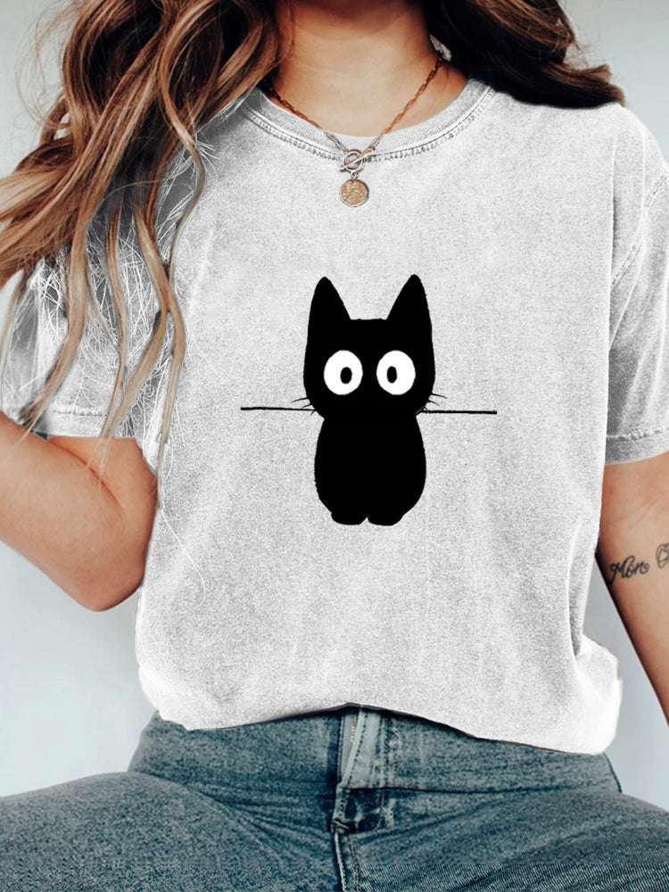 Comstylish Little Black Cat Holding A Stick, Funny Round-neck Short-sleeve T-shirt