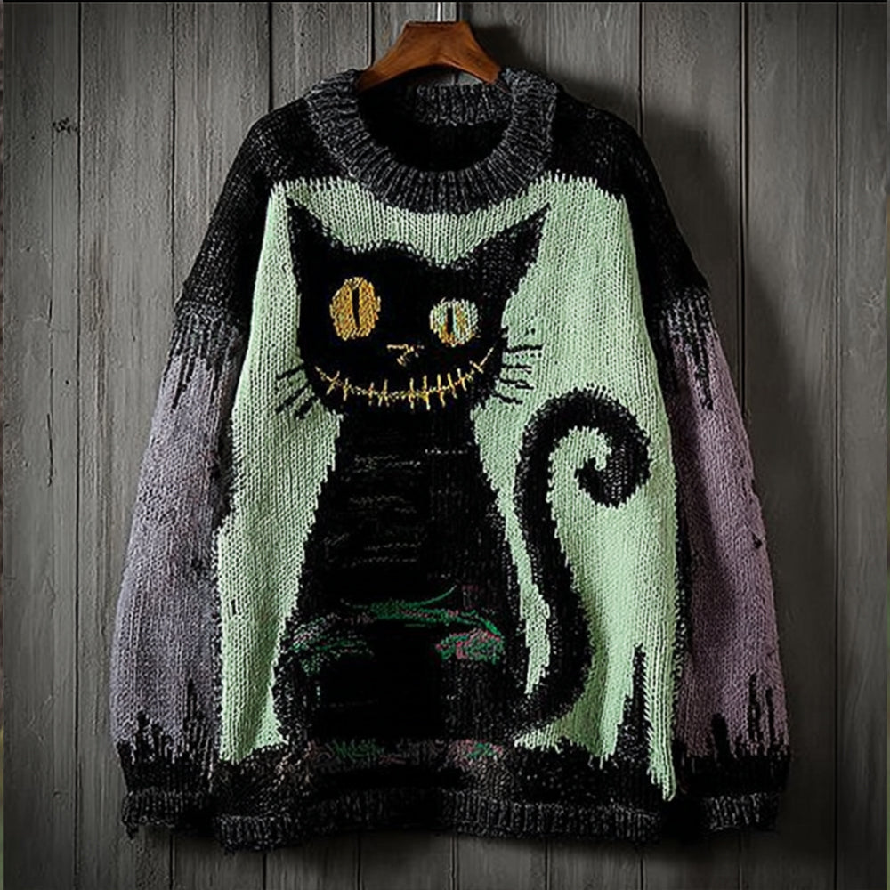 Halloween Devil Cat Retro Round Neck Sweater artswardrobe
