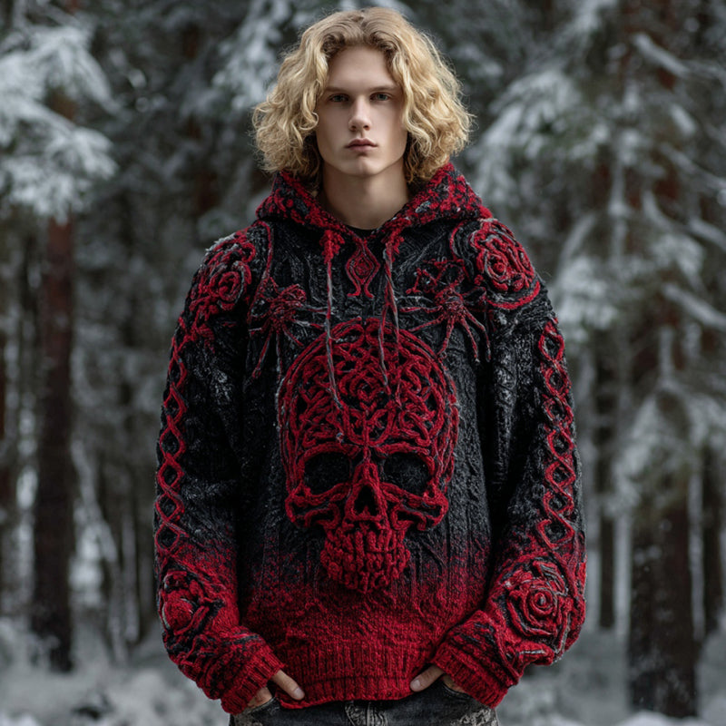 Men's Halloween Skull Celtic Gradient Cozy Knit Hooded Sweater artswardrobe