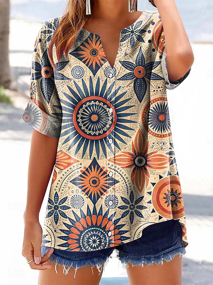 Women's Vintage Tattoo Pattern Art Print Casual Cotton Linen Shirt