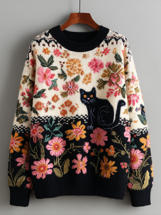 Bohemian Style Plant Flower And Cat Pattern Round Neck Sweater elevenforest