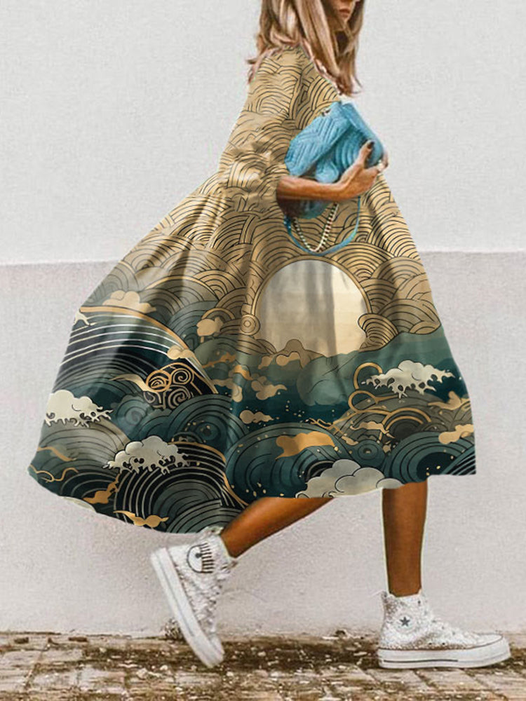 Ancient Japanese Style Wave Print Midi Dress