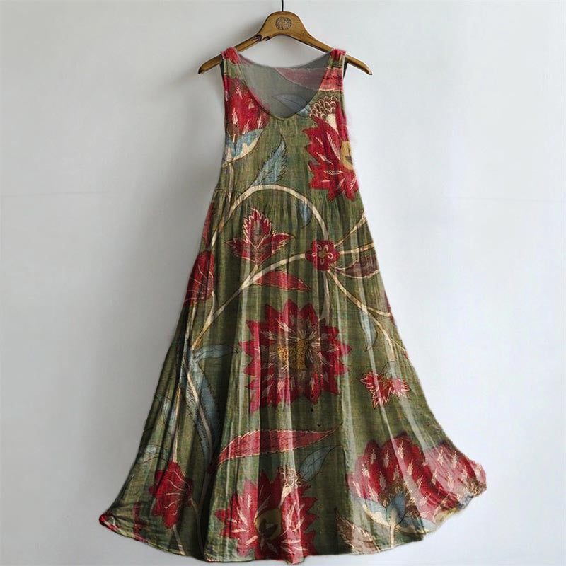 Vintage Floral-embellished Patterned Art Print Round Neck Sleeveless C