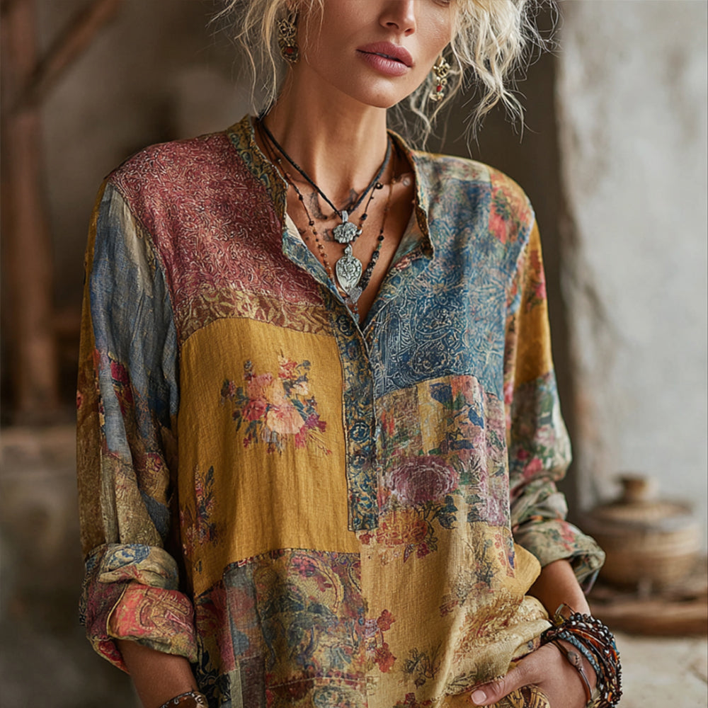 Comstylish Bohemian Floral Embroidery Vintage Patchwork Vintage Style V-neck Long-sleeved Top