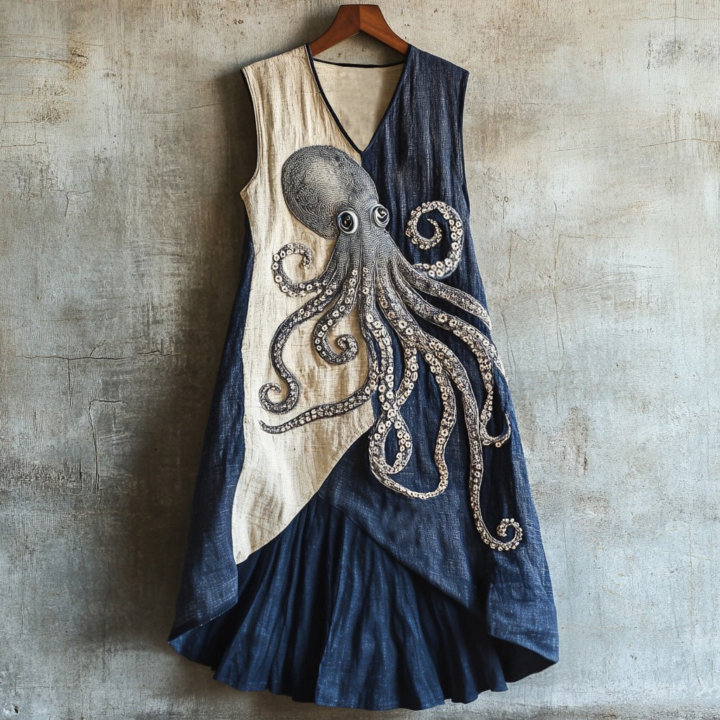 Vintage Ocean Octopus Patchwork Art Linen Blend Tank Dress artswardrobe