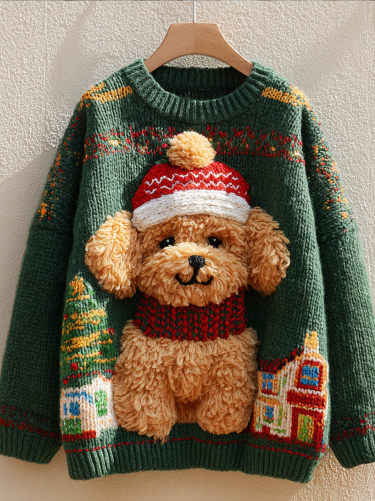 Christmas Gift And Teddy Dog Embroidered Round Neck Sweater artswardrobe