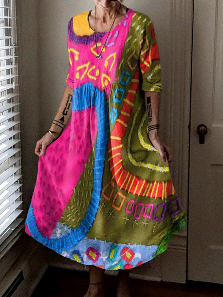 Women's Hippie Colorful Patchwork Art Print Long Sleeve Pocket Cotton