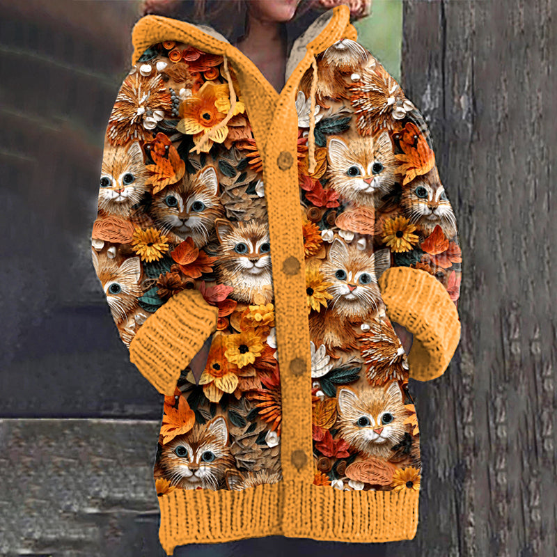 Comstylish Retro Floral Kittens Fall Graphic Arts Cozy Hooded Knit Sweater
