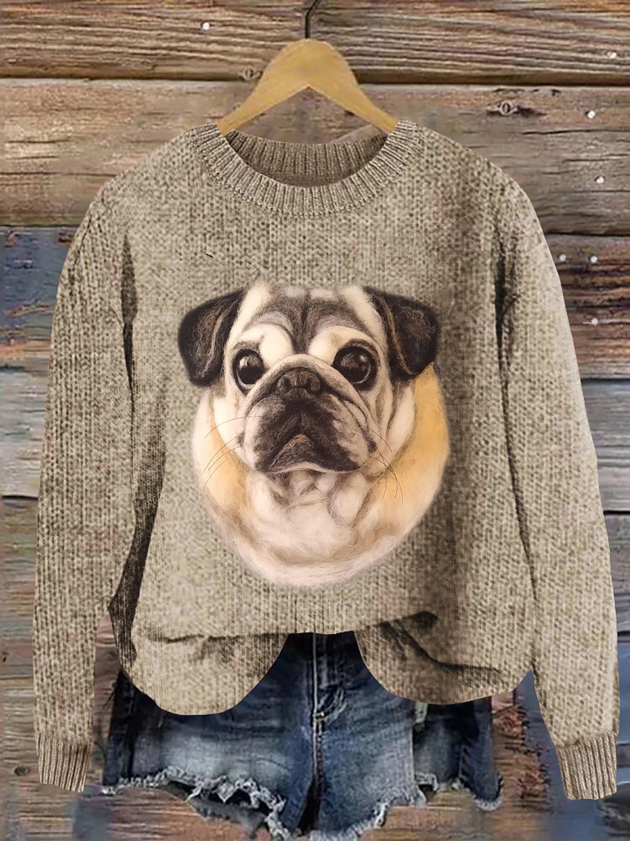 Comstylish Funny Lovely Pug Dog Wool Puppy Embroidery Art Applique Cozy Sweater
