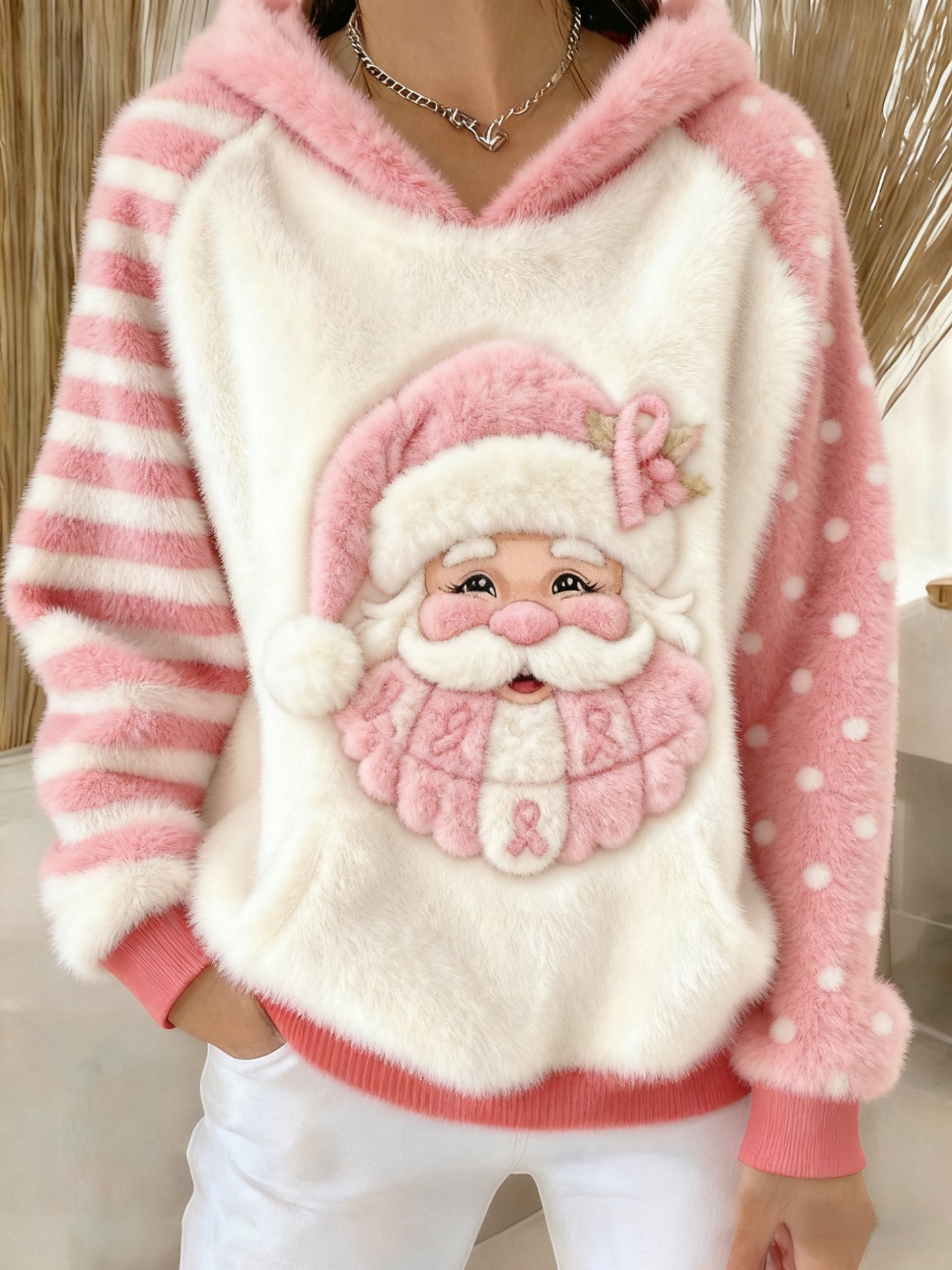 Pink Christmas Colorblock Santa Art Women's Cozy Plush Hooded Sweater