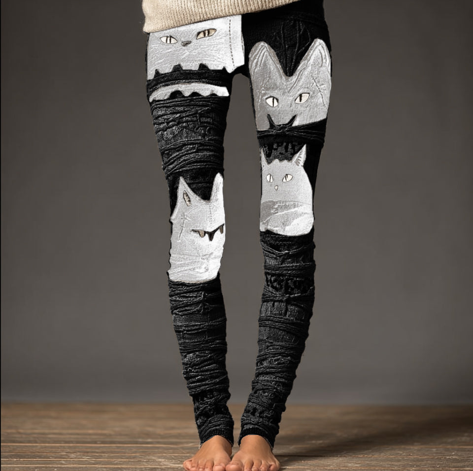 Halloween Fun Cat Design Women's Knitted Leggings elevenforest