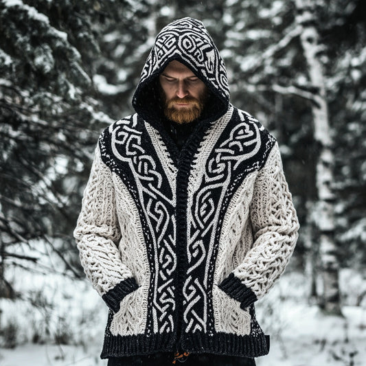 Men's Viking Celtic Knotted Jacquard Pocket Hooded Cardigan Sweater artswardrobe