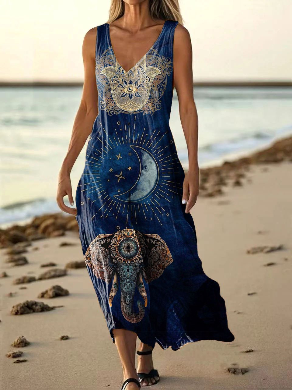 Women's Vintage Moon Elephant Tattoo Pattern Art Print Pocket Cotton D