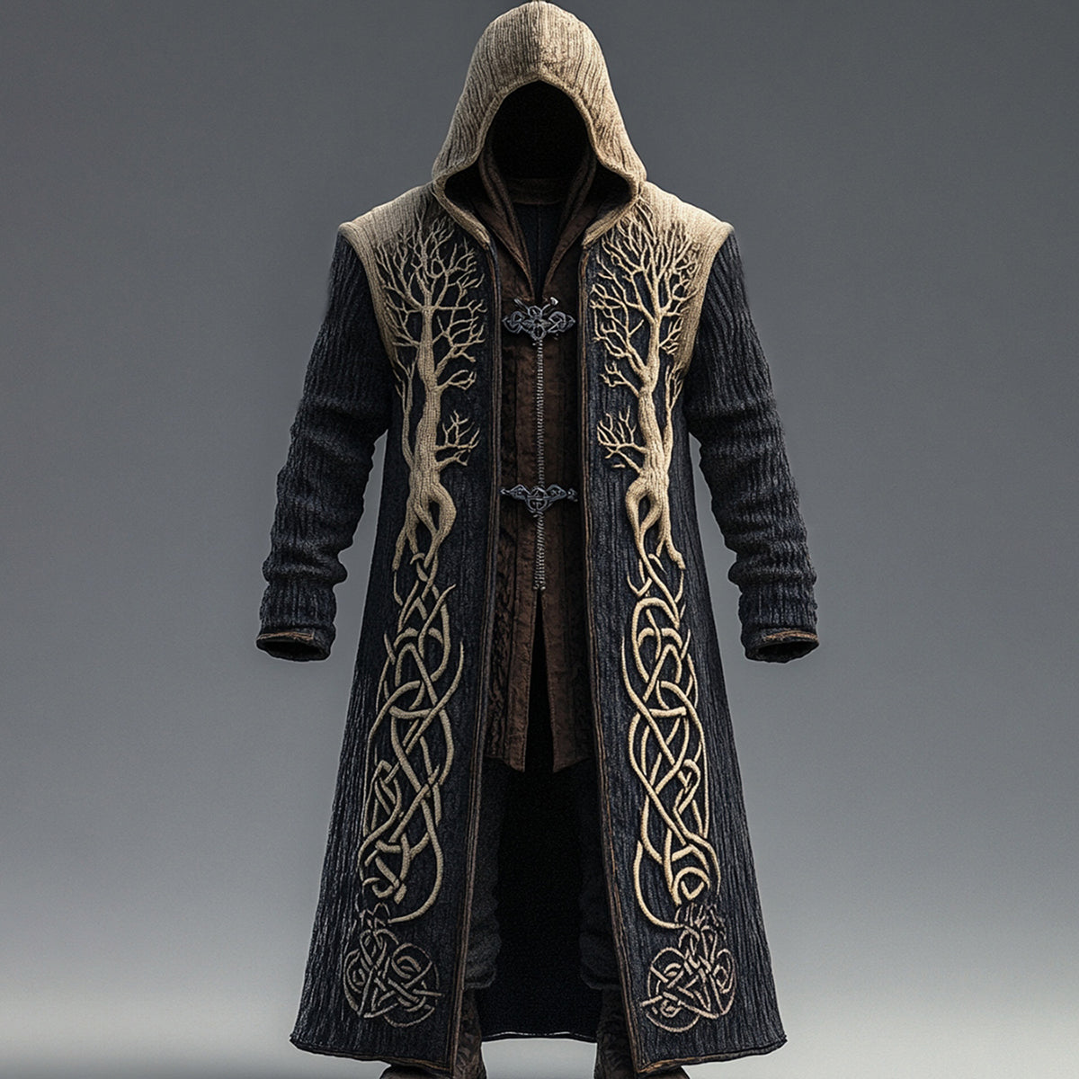 Men's Viking Contrast Color Tree Of Life Embroidered Knit Hooded Coat