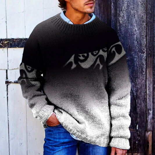 Black And White Gradient Surf Jacquard Iceland Crew Neck Sweater elevenforest