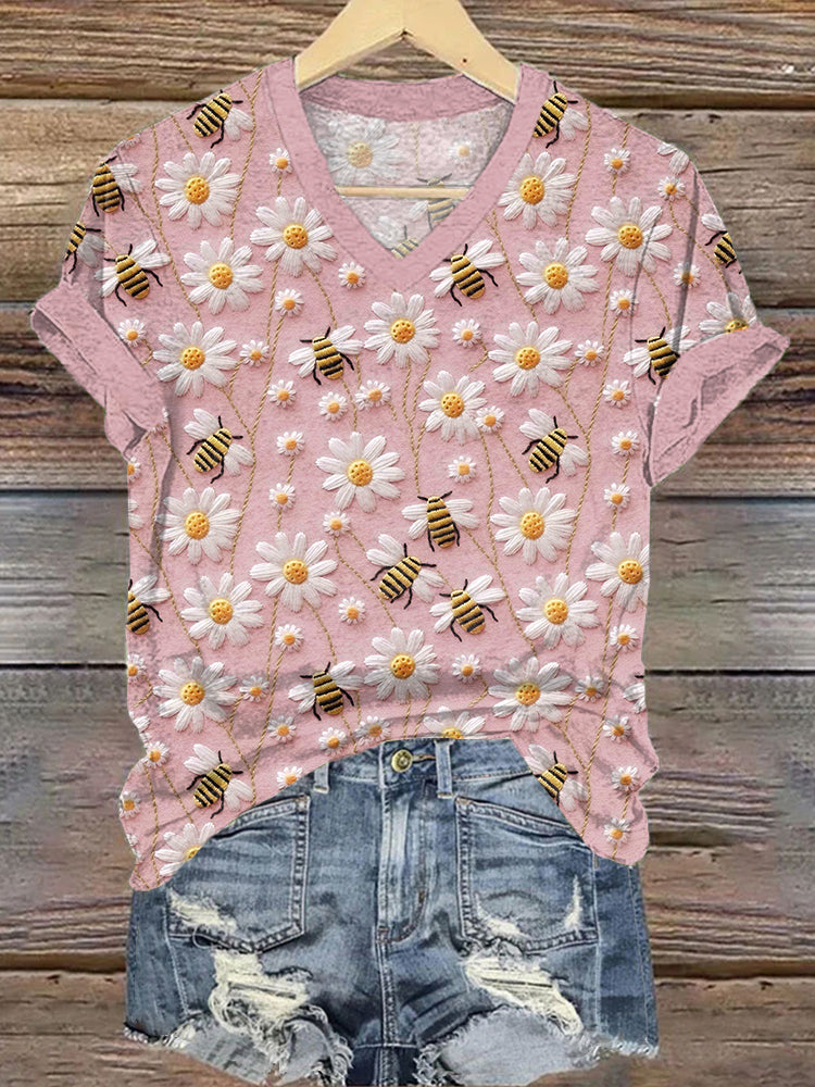 Floral Bees Embroidery Pattern V-Neck T-Shirt artswardrobe