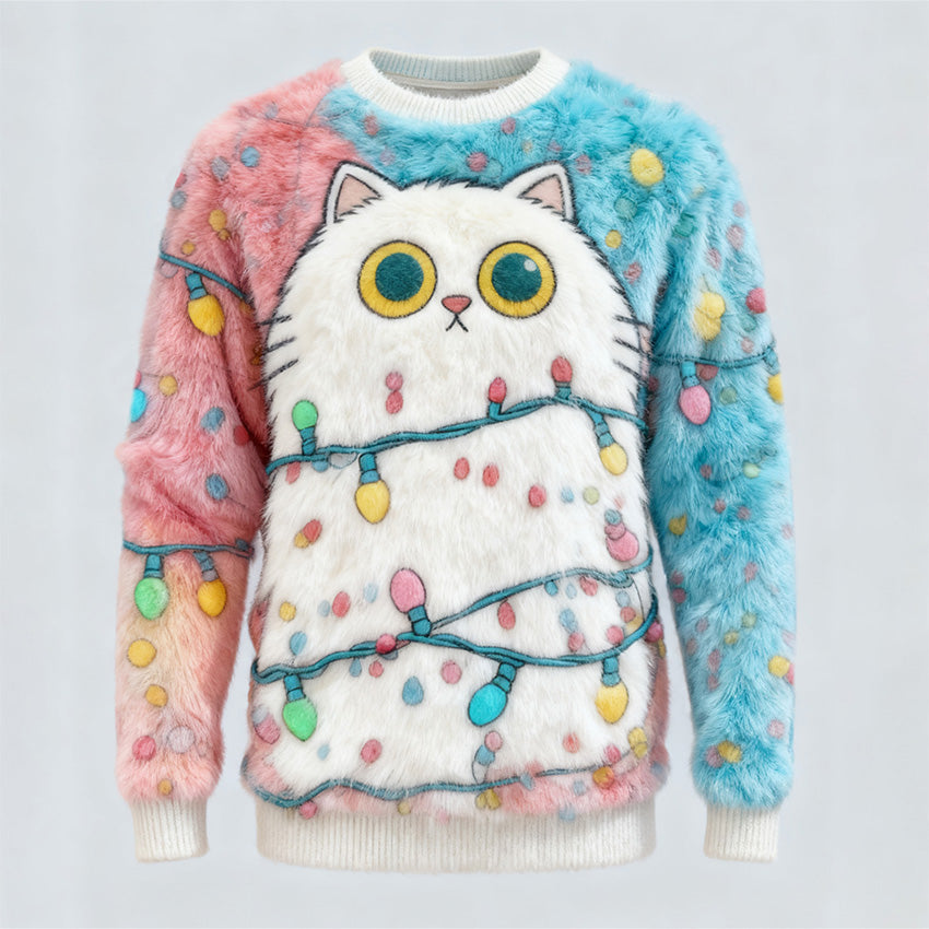 Comstylish Women's Fun Christmas Cat And Fairy Lights Comfortable Plush Crew Neck Sweatshirt