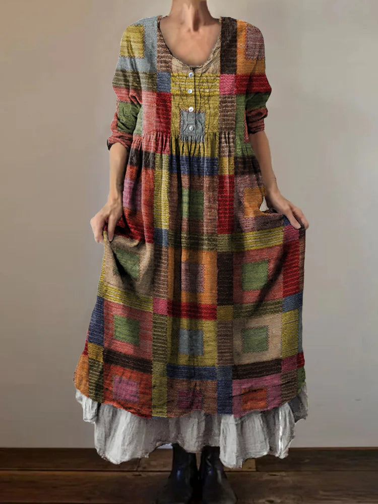 Women's Vintage Plaid Art Print V-Neck Button Pocket Cotton Dress