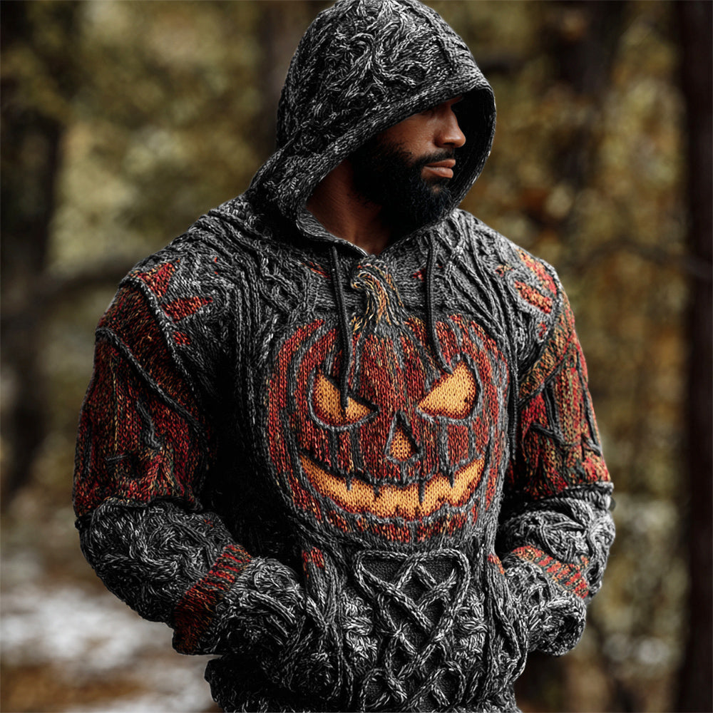 Halloween Pumpkin Lights Men's Chunky Knit Hooded Sweater elevenforest