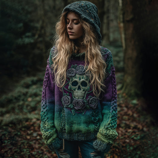Women's Viking Tribal Jacquard Celtic With Rose And Skull Inspired Chunky Knit Hooded Sweater elevenforest