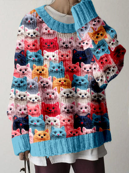 Colorful Cute Cats Pattern Cozy Knit Sweater elevenforest