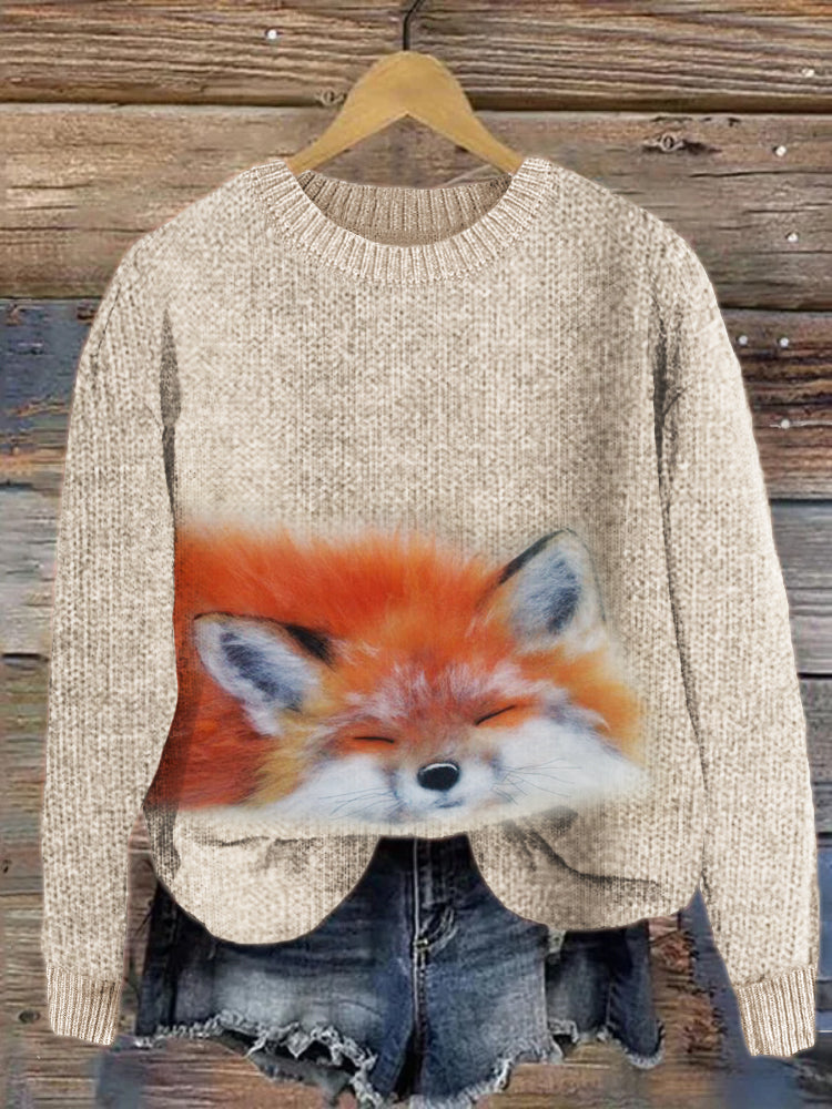 Sleeping Fuzzy Fox Wool Art Cozy Knit Sweater artswardrobe