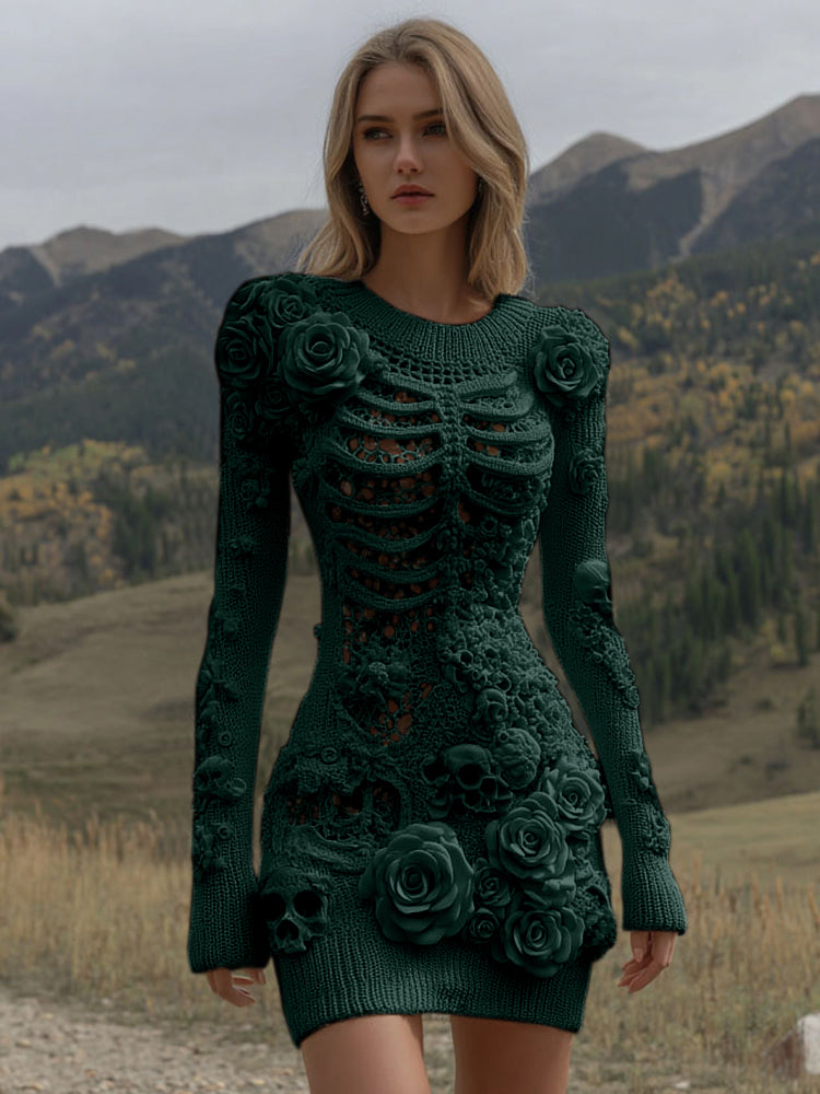Women's Vintage Halloween Skeleton Skull With Rose Art Cozy Sweater Dress artswardrobe