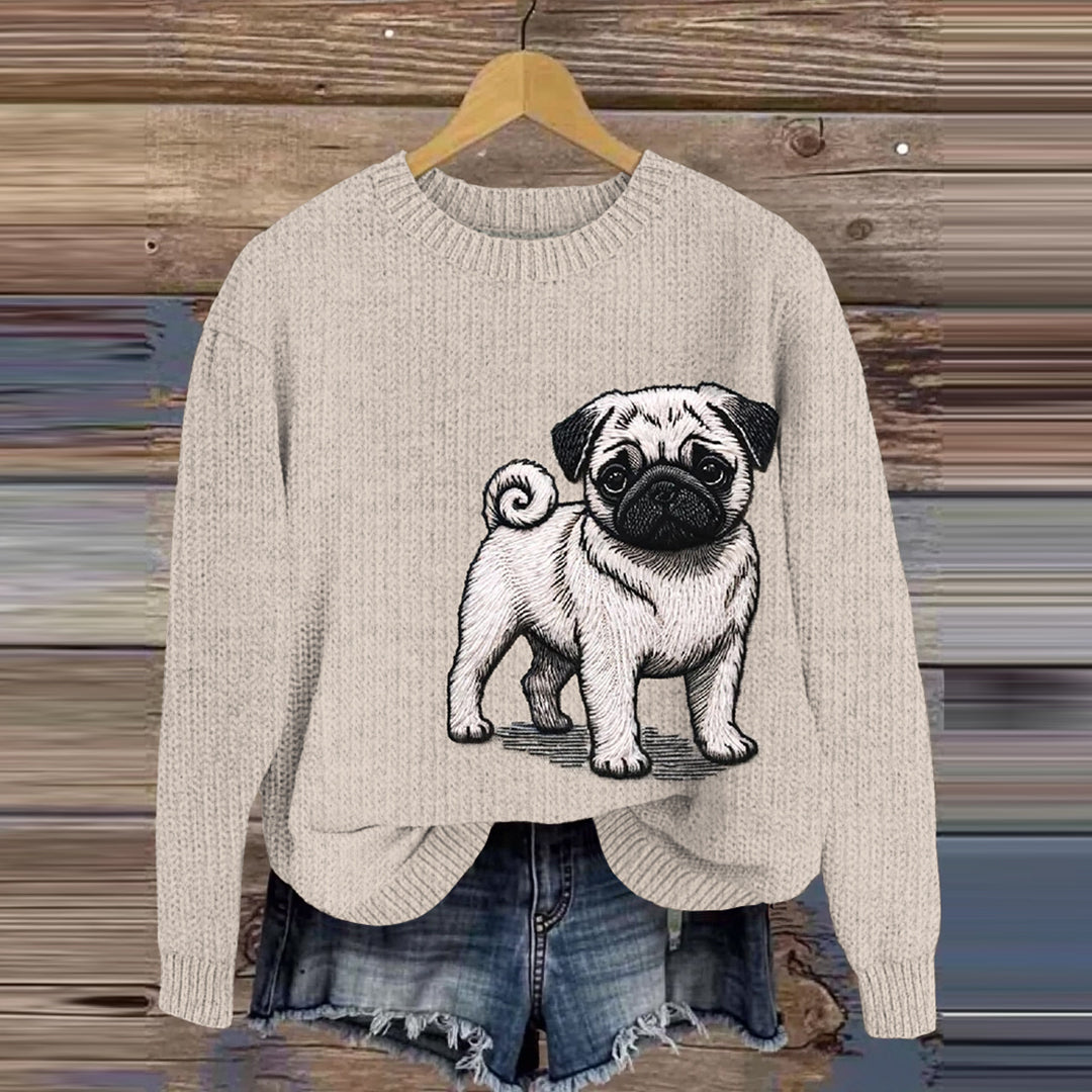 Comstylish Cute Pug Embroidery Art Women's Cozy Sweater