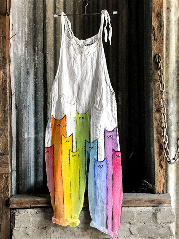 Cute Cats Art Print Linen Blend Casual Jumpsuit elevenforest