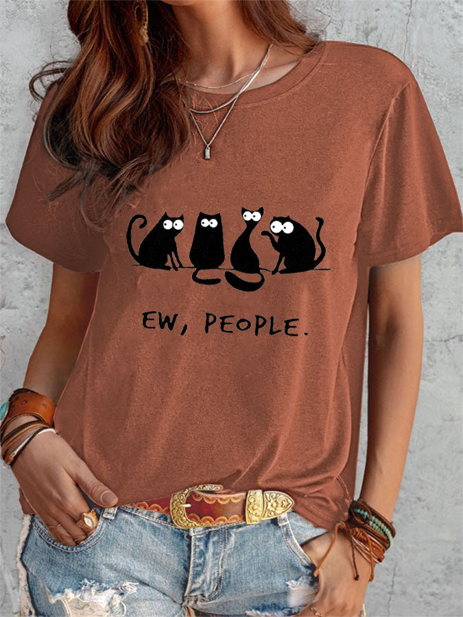 Ew,People Black Cat Print T-shirt elevenforest