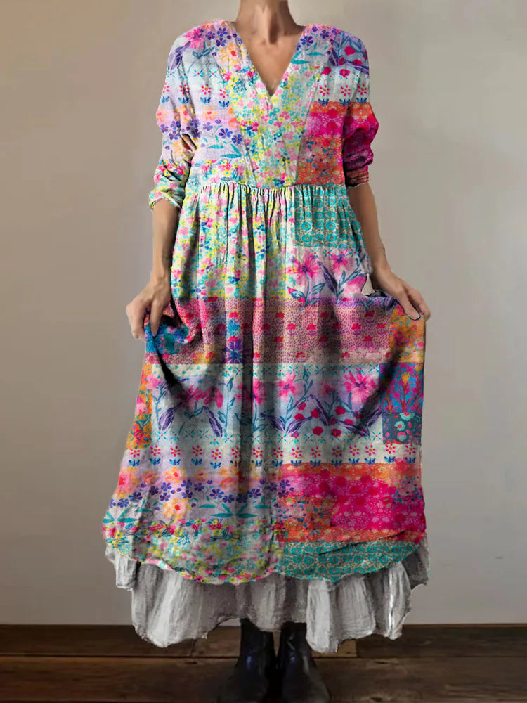 Women's Vintage Floral Patchwork Art Print V-Neck Button Pocket Cotton