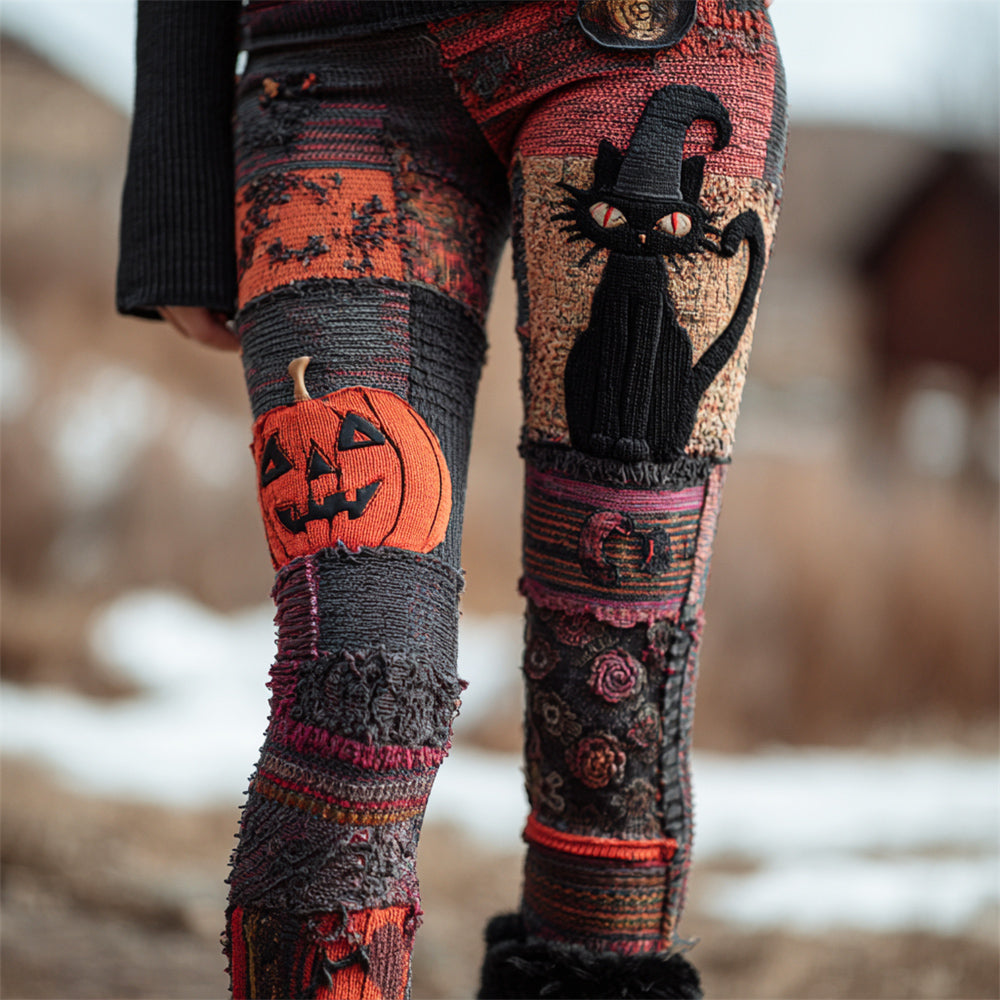 Halloween Black Cat & Pumpkin Patchwork Art Women's Knit Leggings artswardrobe