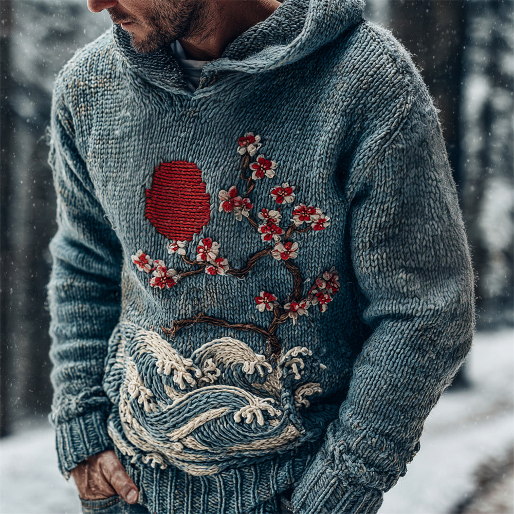 Vintage Japanese Floral Ocean Art Men's Knit Hooded Sweater elevenforest