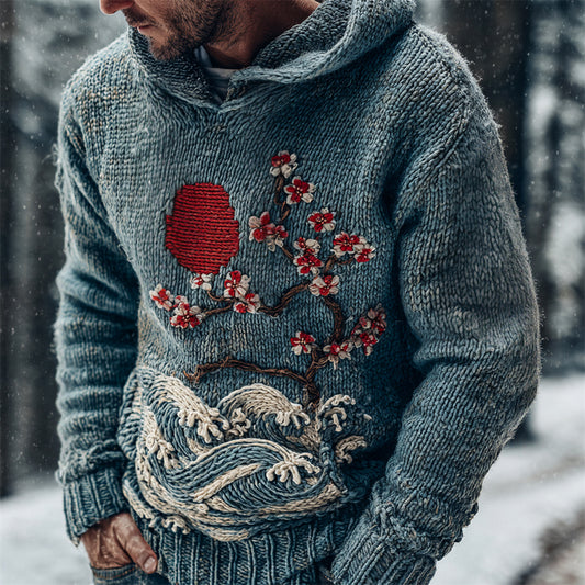 Vintage Japanese Floral Ocean Art Men's Knit Hooded Sweater elevenforest
